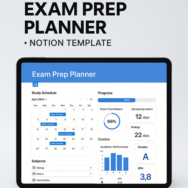 Ultimate Exam Prep Planner - Notion Template for Study Schedule, Test Success & Academic Performance